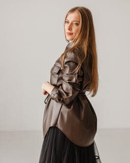 Brown long leather shirt with buttons