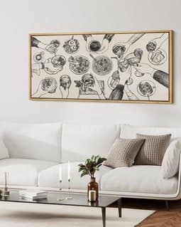 Large Framed Dining Table Cheers Wall Art, Social Gathering Sketch Canvas Print, Modern Minimalist Line Decor for Dining Room or Kitchen