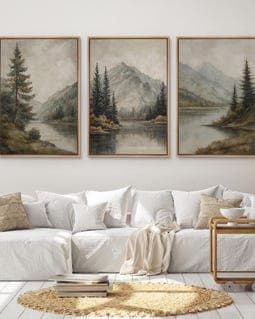 Mountain Lake Wall Art Set of 3 - Framed Pine Tree & River Canvas Prints, Neutral Nature Landscape Decor for Rustic Living Room or Bedroom