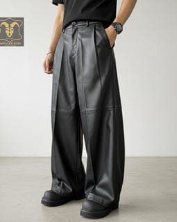 Genuine Leather Wide Leg Pleated Trousers - Menswear