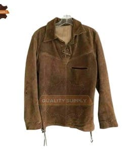 Men's Western Cowboy Suede Leather Shirt with Fringes Vintage Lace-Up Pullover Shirt