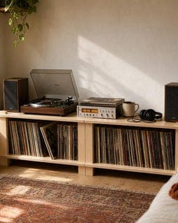 Modular Record Player Stand, Unfinished Birch Plywood Turntable Shelf, Mid-Century Modern Vinyl Storage, Tool-Free Assembly