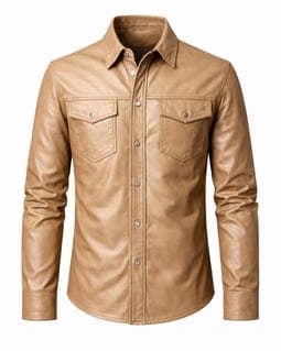 Valore Fox Beige Leather Shirt Men Slim Fit Real Leather Shirt Button Down Streetwear Leather Top Minimalist Leather Shirt