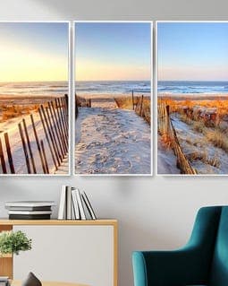 Beach Walkway at Sunset Canvas Wall Art Print, Ocean Landscape Art, Multi Panel Wall Decor
