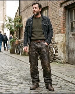 Leather Cargo Pants Men | Distressed Brown Leather Trousers | Wide Leg Leather-Pants | Loose-Fit Motorcycle-Jeans | Punk-Rock-Clothing