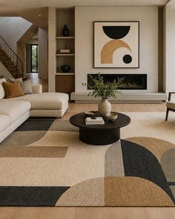 Hand Tufted Abstract Geometric Wool Rug Modern Beige Black Area Carpet Minimalist Earthy Neutral Floor Mat Aesthetic Mid Century Home Decor