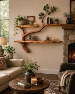 Handmade Tree Branch Wall Shelf, Rustic Wooden Display Shelf, Nature Inspired Wall Decor, 120 cm Tall, Custom Width Rustic Home Storage