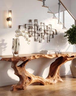 Handmade Solid Wood Console Table, Organic Root Base, Live Edge Top